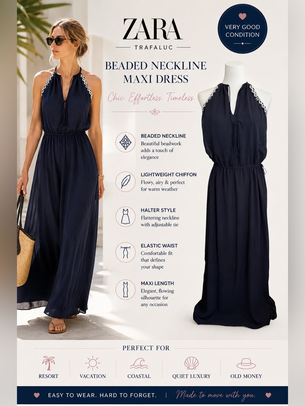 Zara Trafaluc Navy Beaded Halter Maxi Dress L Chiffon Resort Vacation Cruise
